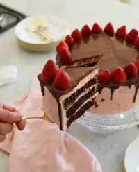 A precisely layered chocolate strawberry cake with fresh fruit and ganache drips.