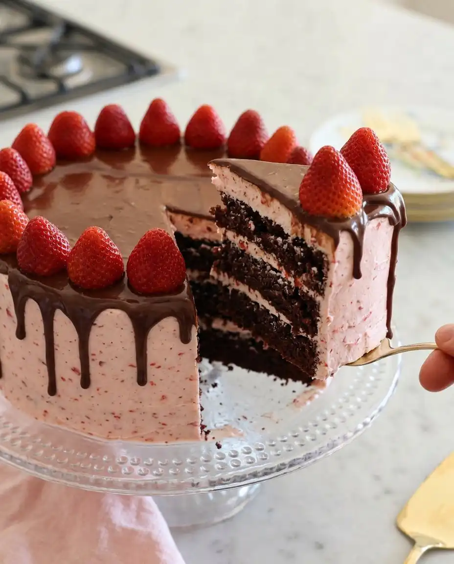 A clean slice of chocolate strawberry cake showing internal layers and crumb.