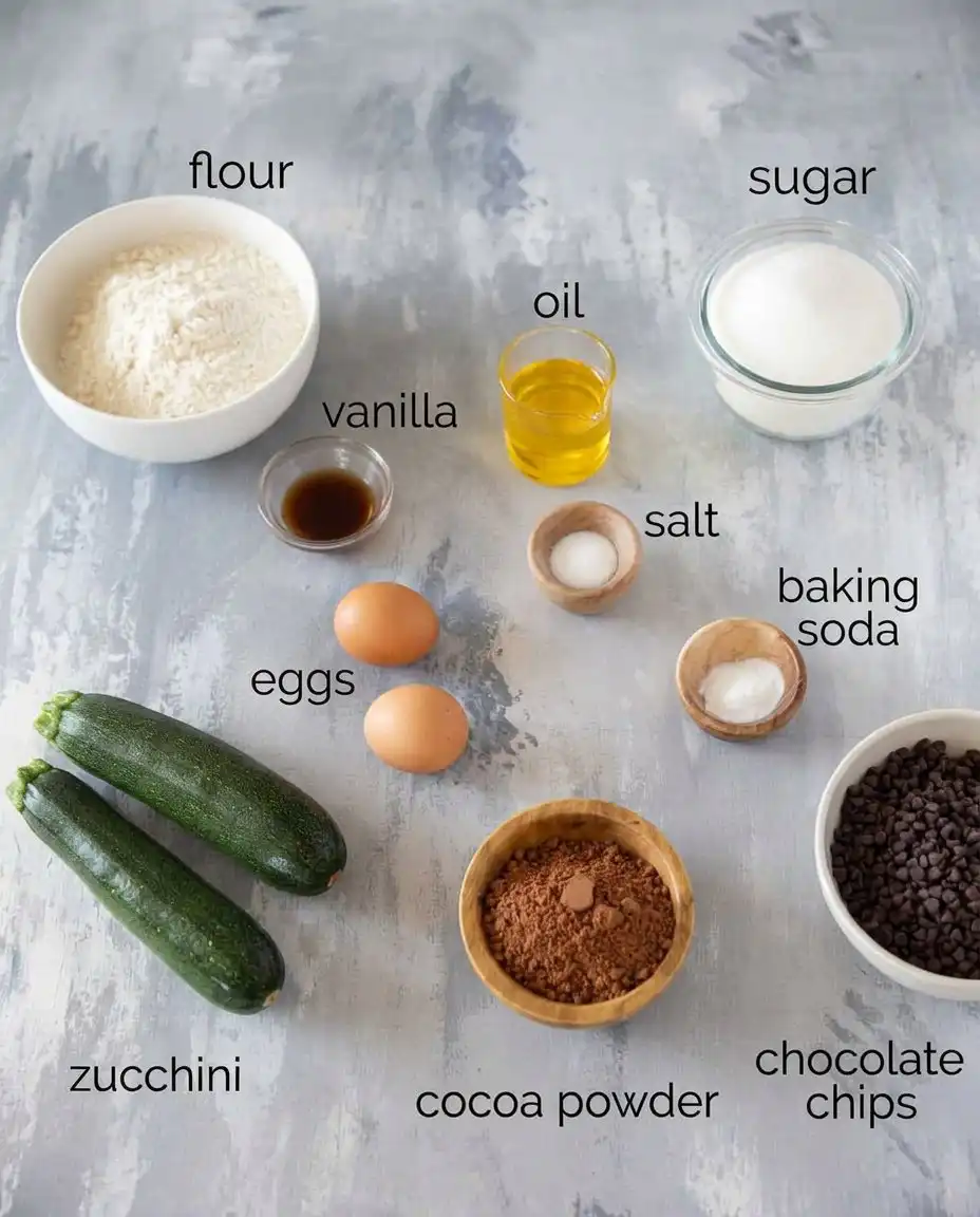 Ingredients for chocolate zucchini bread including cocoa and zucchini