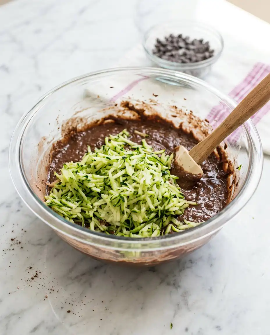 A hand squeezing grated zucchini in a towel for a chocolate zucchini cake with chocolate chips.