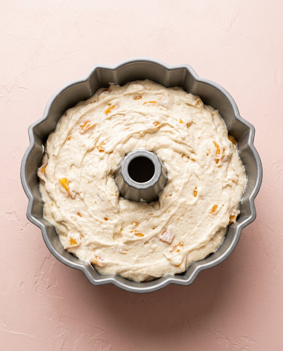 A mixer bowl showing the pale ivory texture of creamed butter and sugar for pound cake.