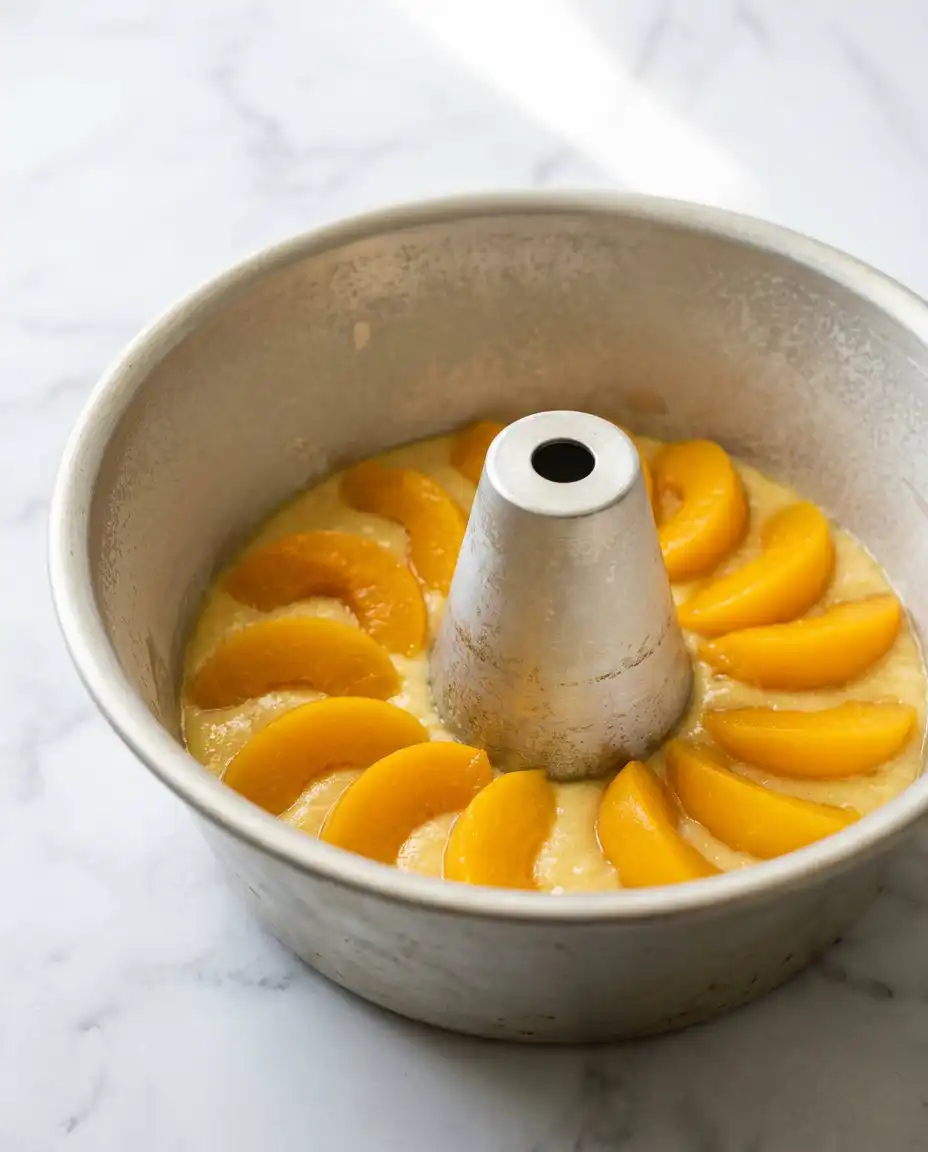 Butter and sugar being creamed in a mixer for Classic Peach Pound Cake.