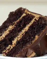 A stunning three layer dark chocolate peanut butter cake with glossy ganache drips