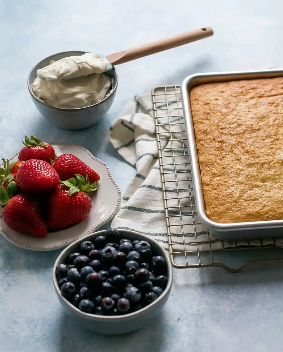 Arranging fresh blueberries and sliced strawberries on a white frosted sheet cake