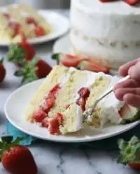A three layer strawberry shortcake cake with stabilized whipped cream and fresh berries