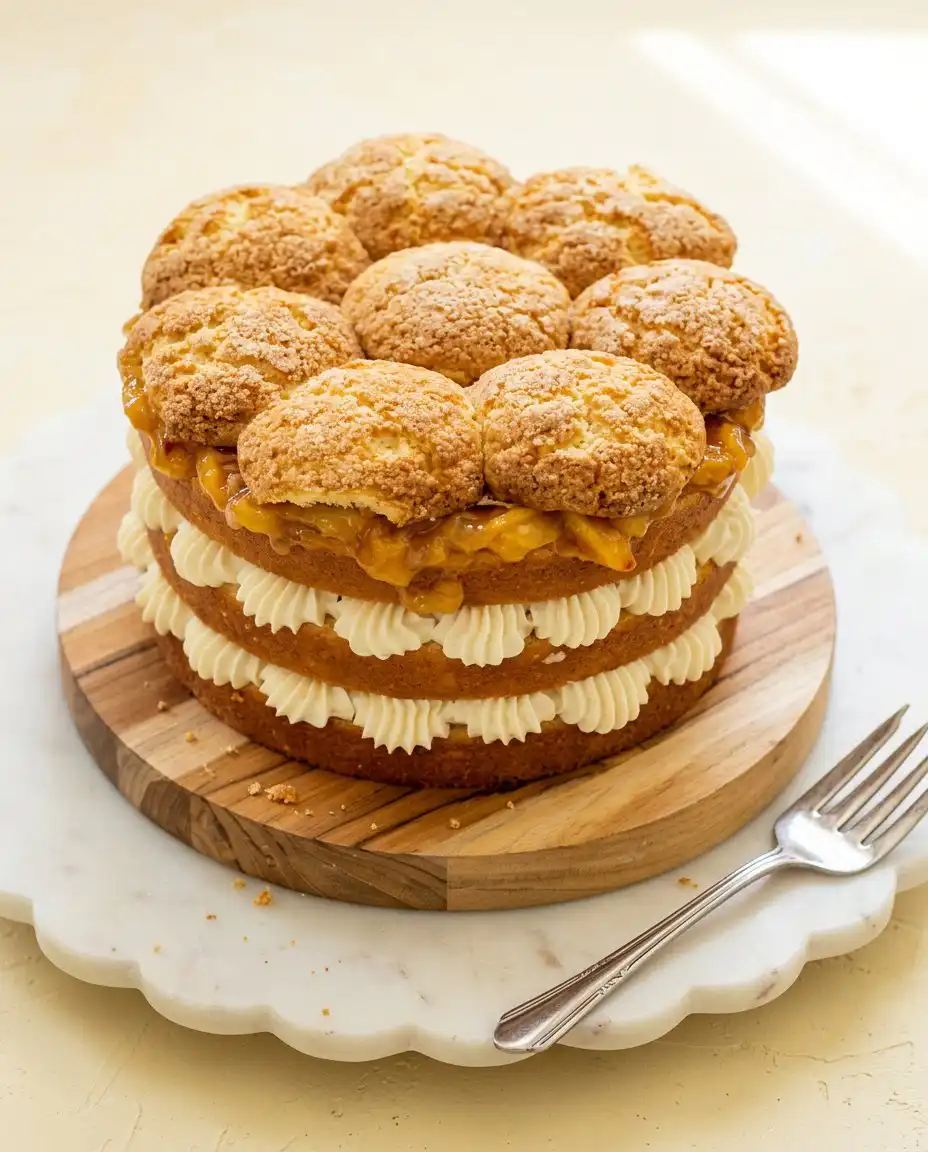 A whole Peach Cobbler Layer Cake topped with crunchy cobbler discs and lemon zest.