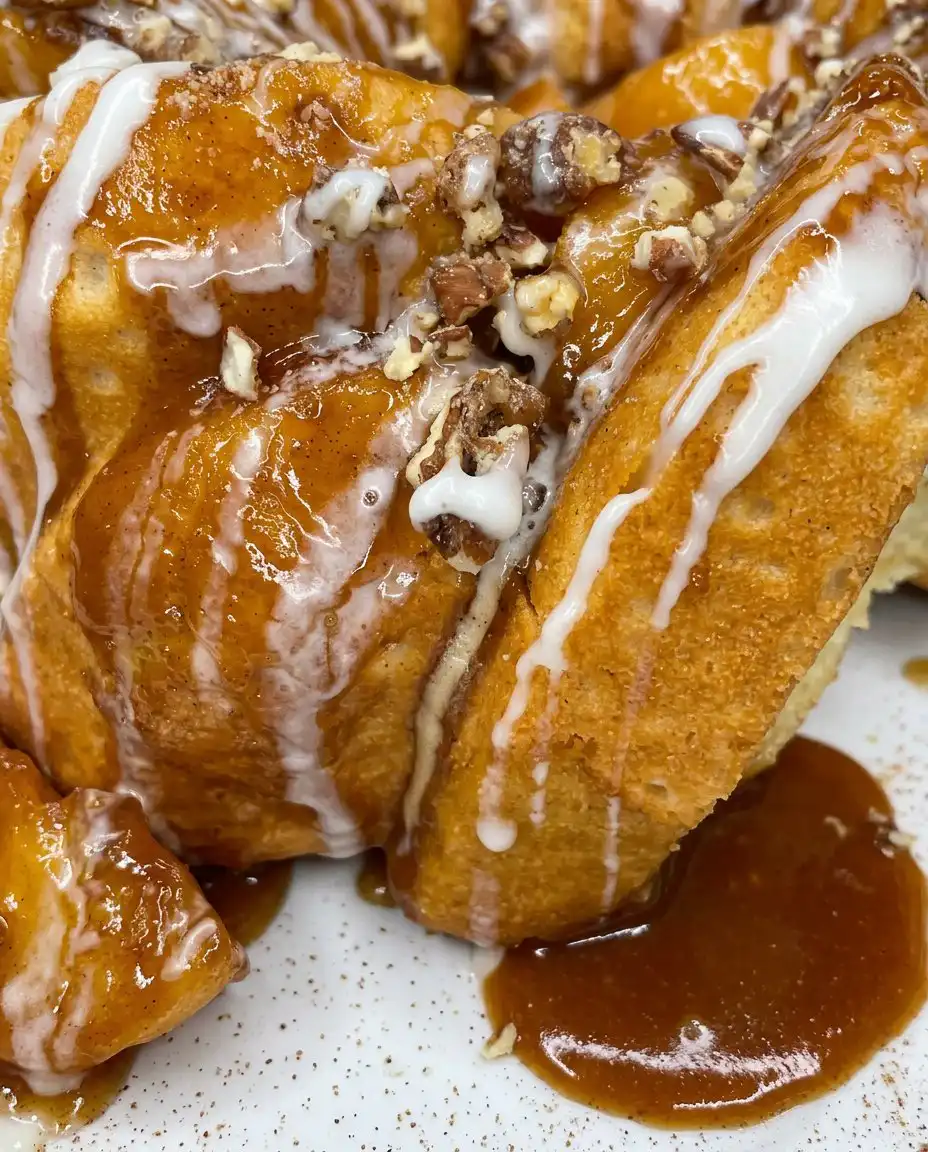 A whole bundt cake with peach glaze and white drip