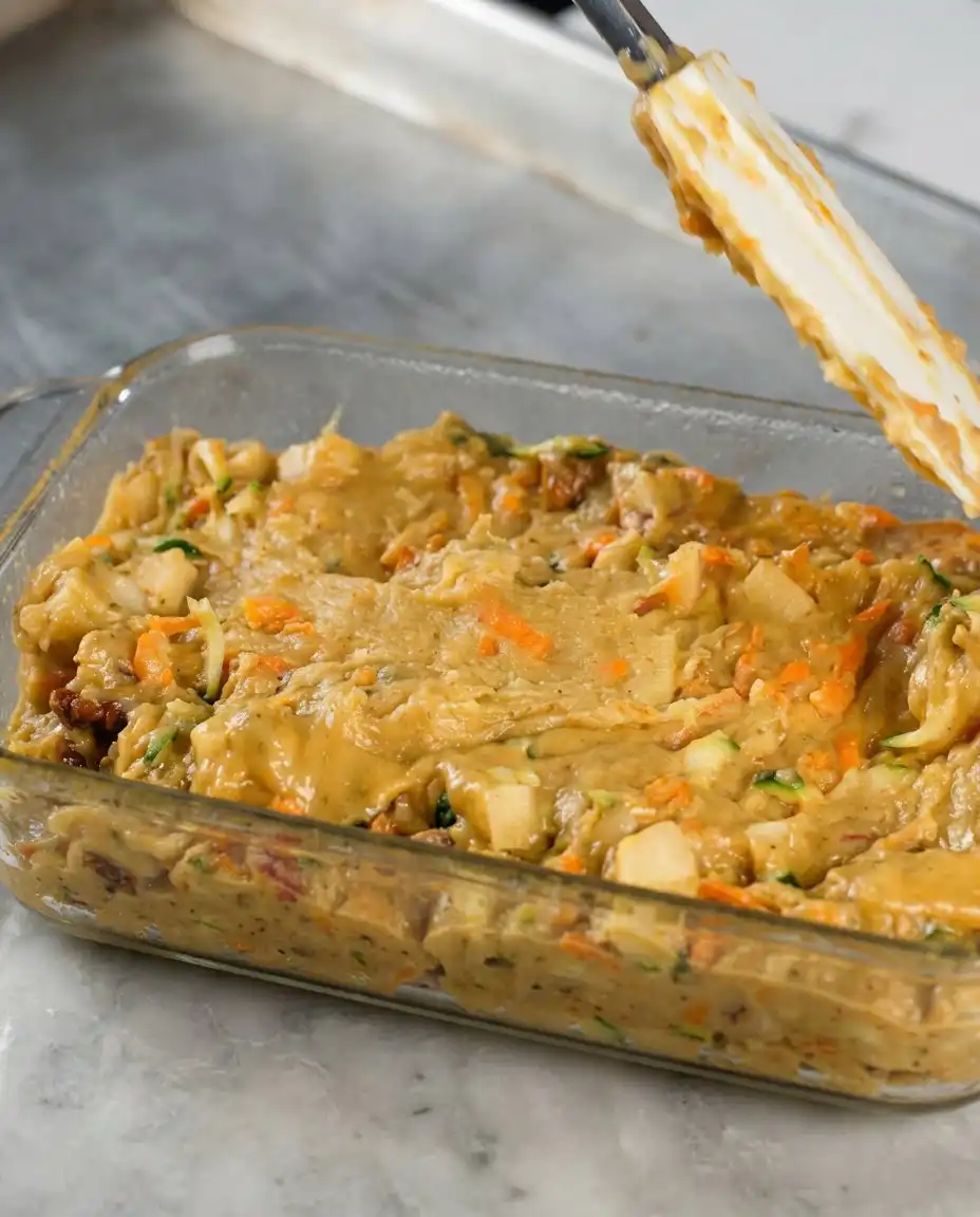 A spatula folding grated vegetables into a thick cake batter