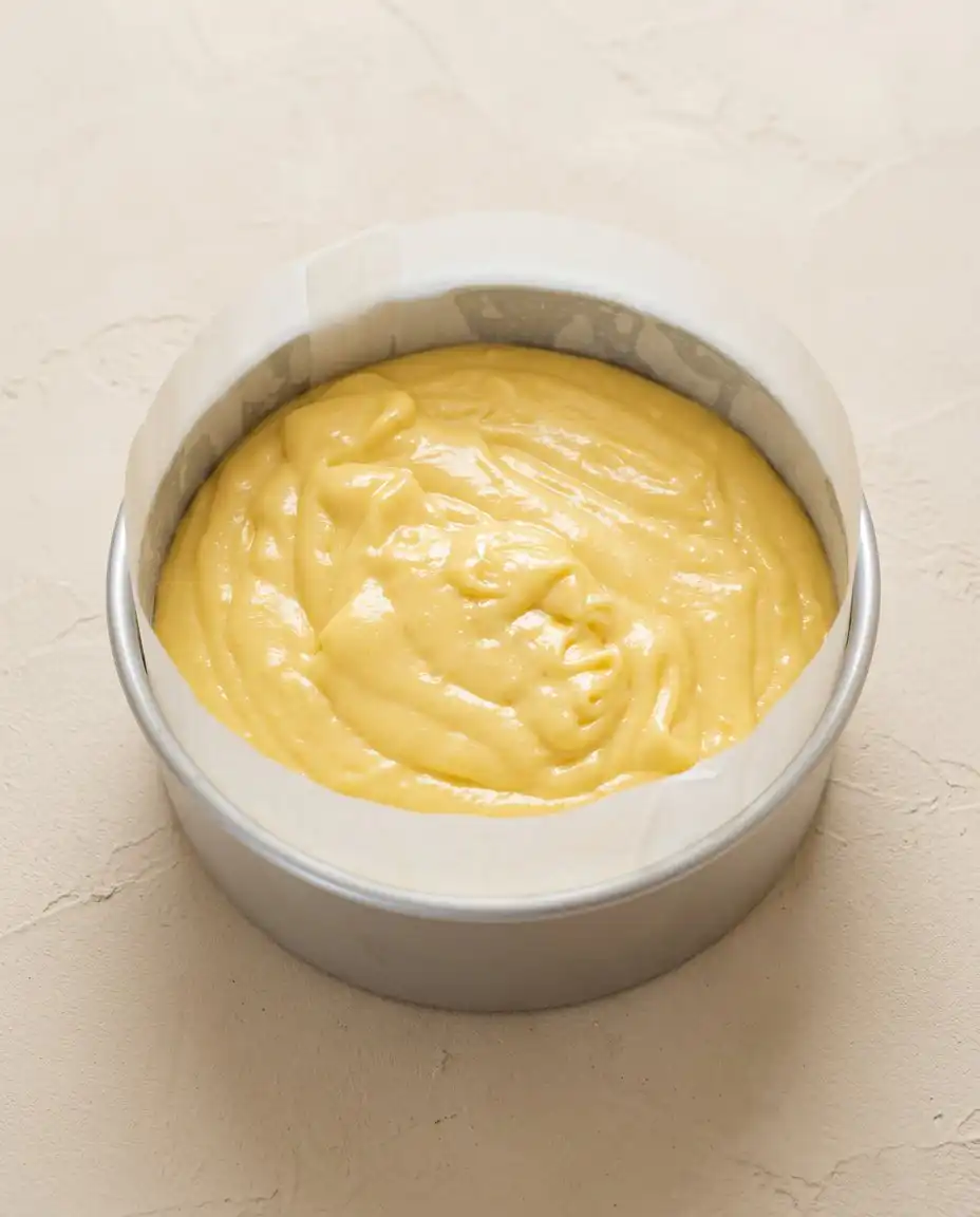 A wooden spatula gently folding egg whites into a Classic Mango Sponge Cake batter.