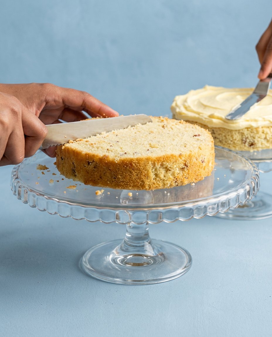 A spatula folding whipped egg whites into Three-Layer Italian Cream Cake batter.