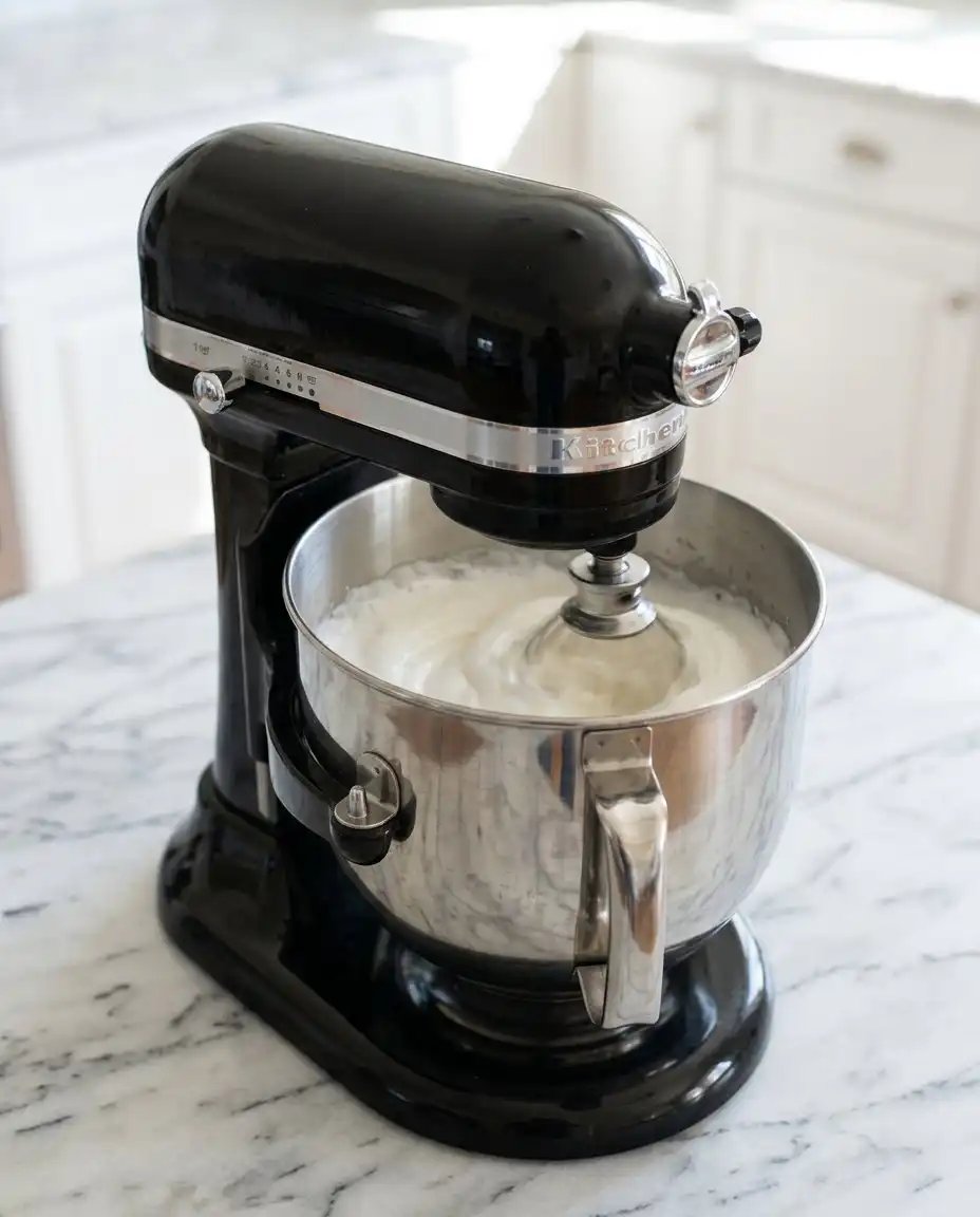 Using a spatula to gently fold flour into a Moist Blueberry Lemon Angel Food Cake batter.