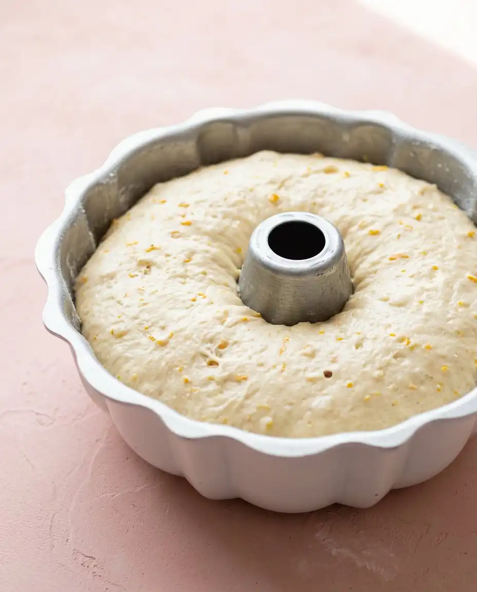 A wooden spoon folding orange peach puree into a creamy Southern Peach Cake batter in a glass bowl.