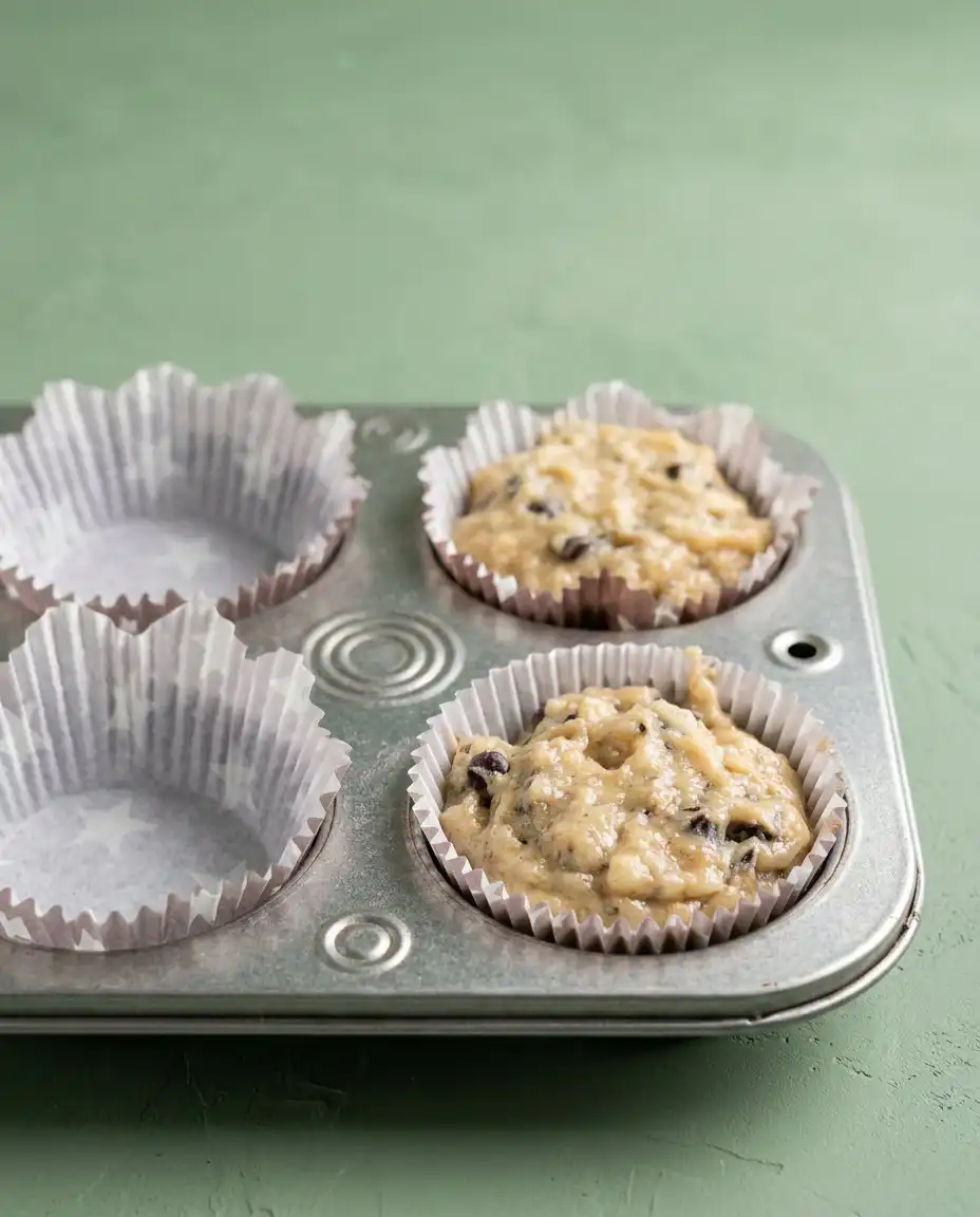 A silicone spatula folding green zucchini shreds into a thick Banana Zucchini Muffins 2 batter.