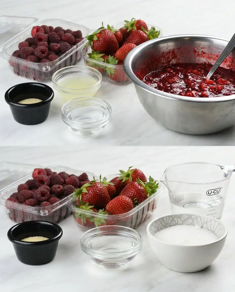 Fresh strawberries, raspberries, and blueberries arranged next to powdered gelatin and heavy whipping cream.