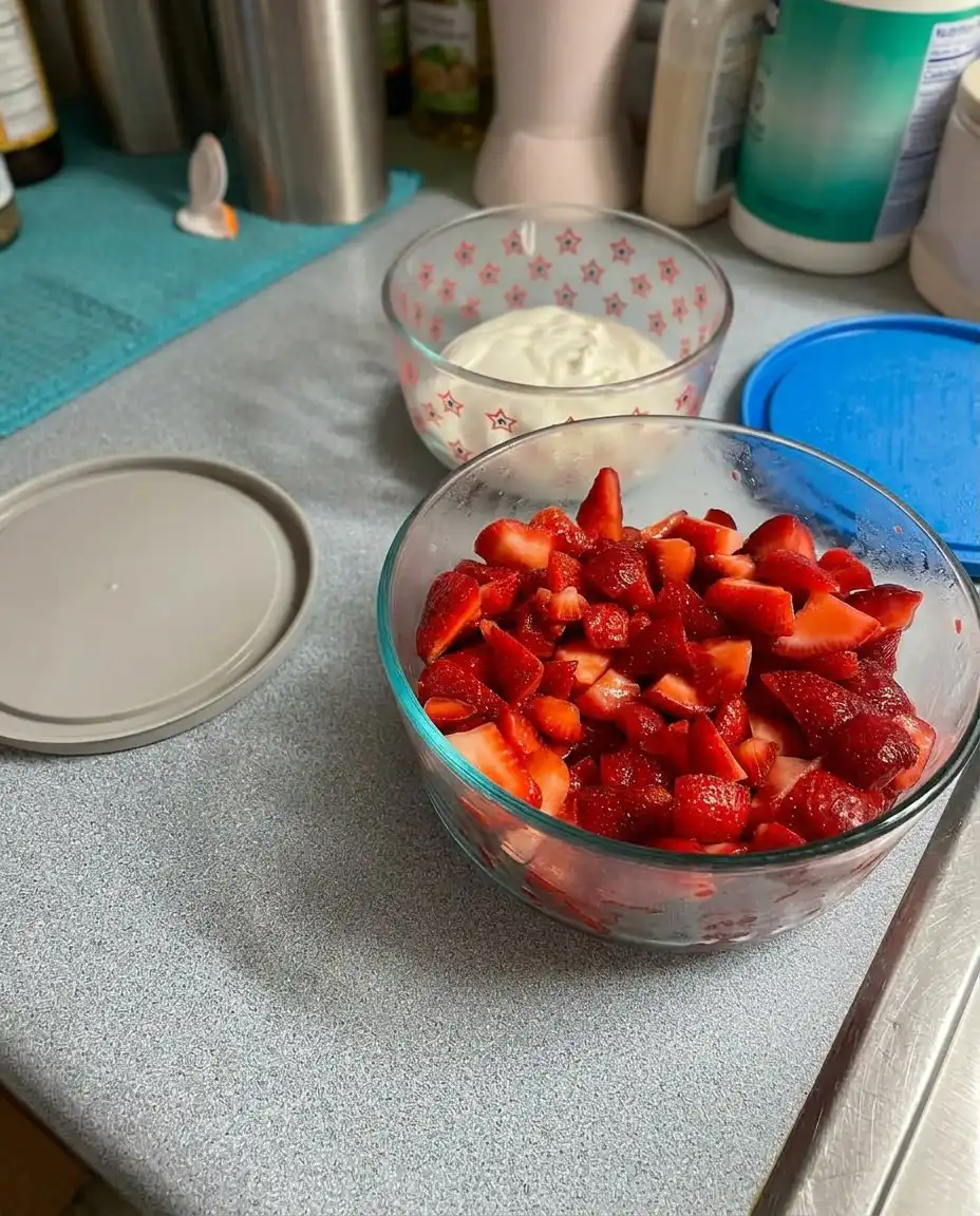 Overhead view of fresh strawberries, blueberries, raspberries, marshmallow creme, and a bottle of pure almond extract.
