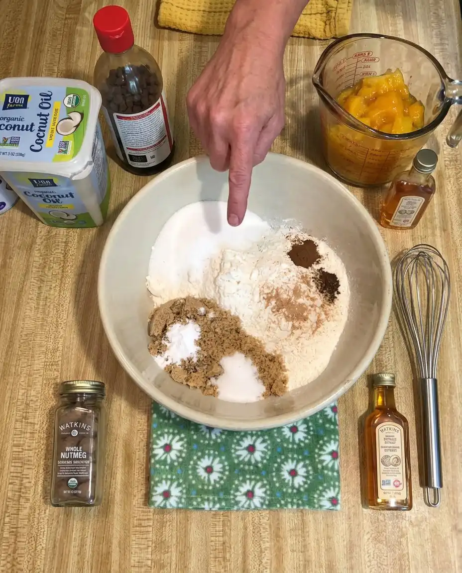 A bowl of chopped peaches and spices for heavenly peach bread recipe