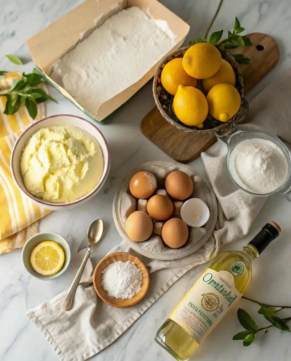 High quality ingredients for limoncello cake including bright yellow lemons and a bowl of thick mascarpone