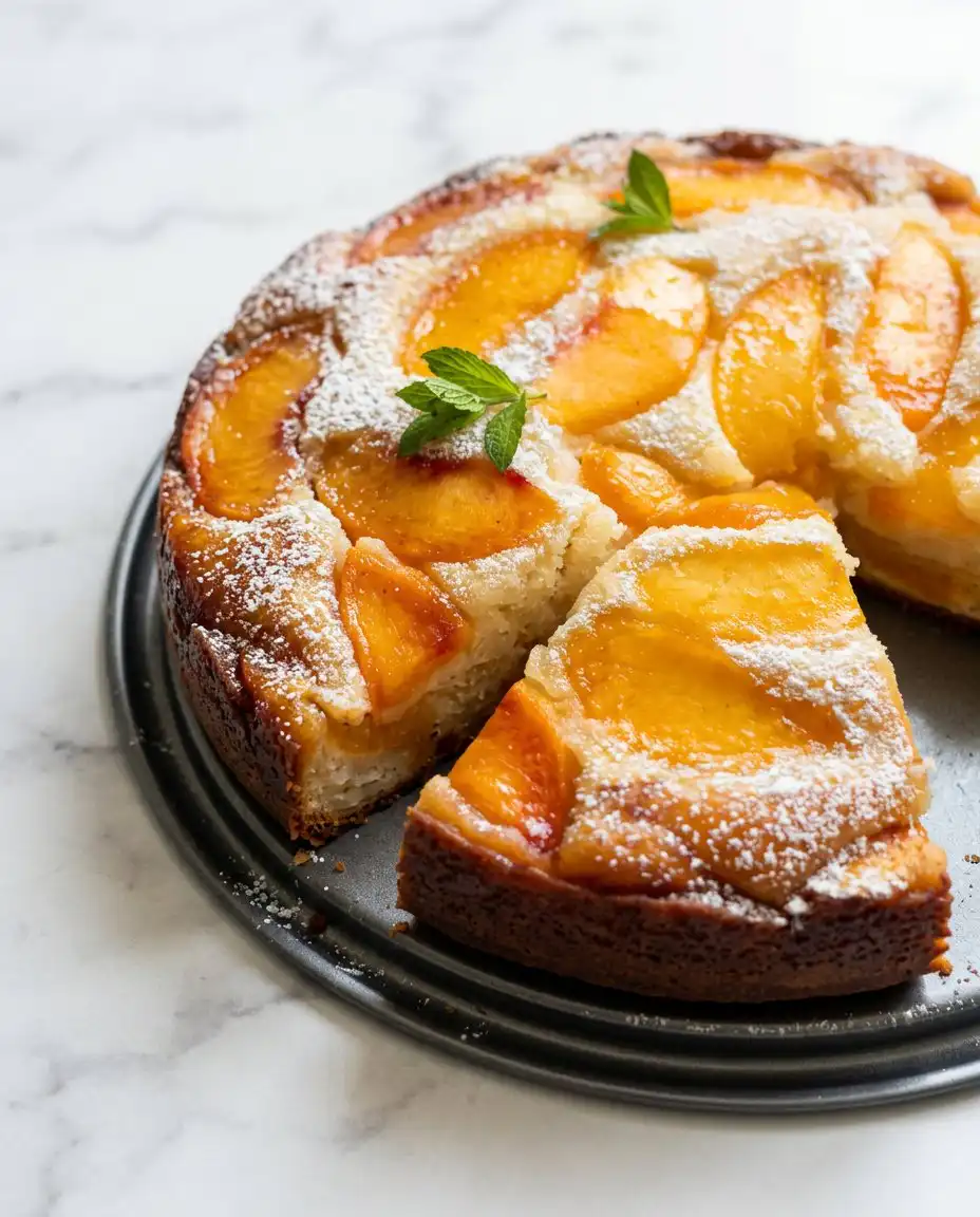 A slice of fresh peach cake on a floral vintage plate with a silver fork.