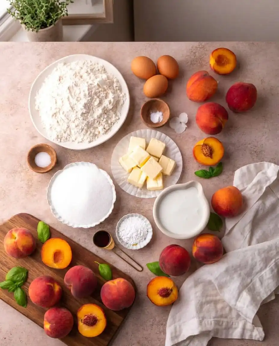 Sliced fresh peaches in a glass bowl being tossed with granulated sugar.