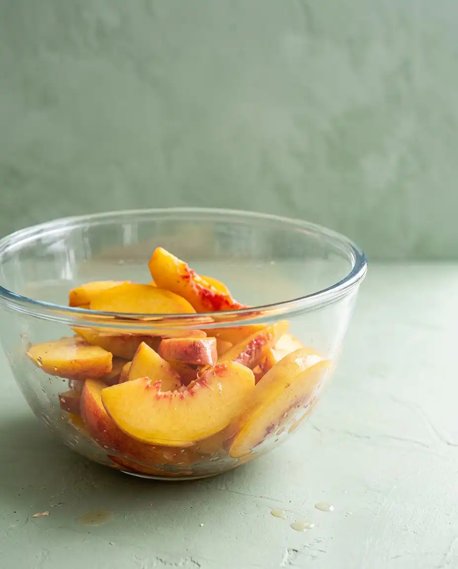 Freshly chopped peaches and a bowl of golden brown butter on a vintage table.