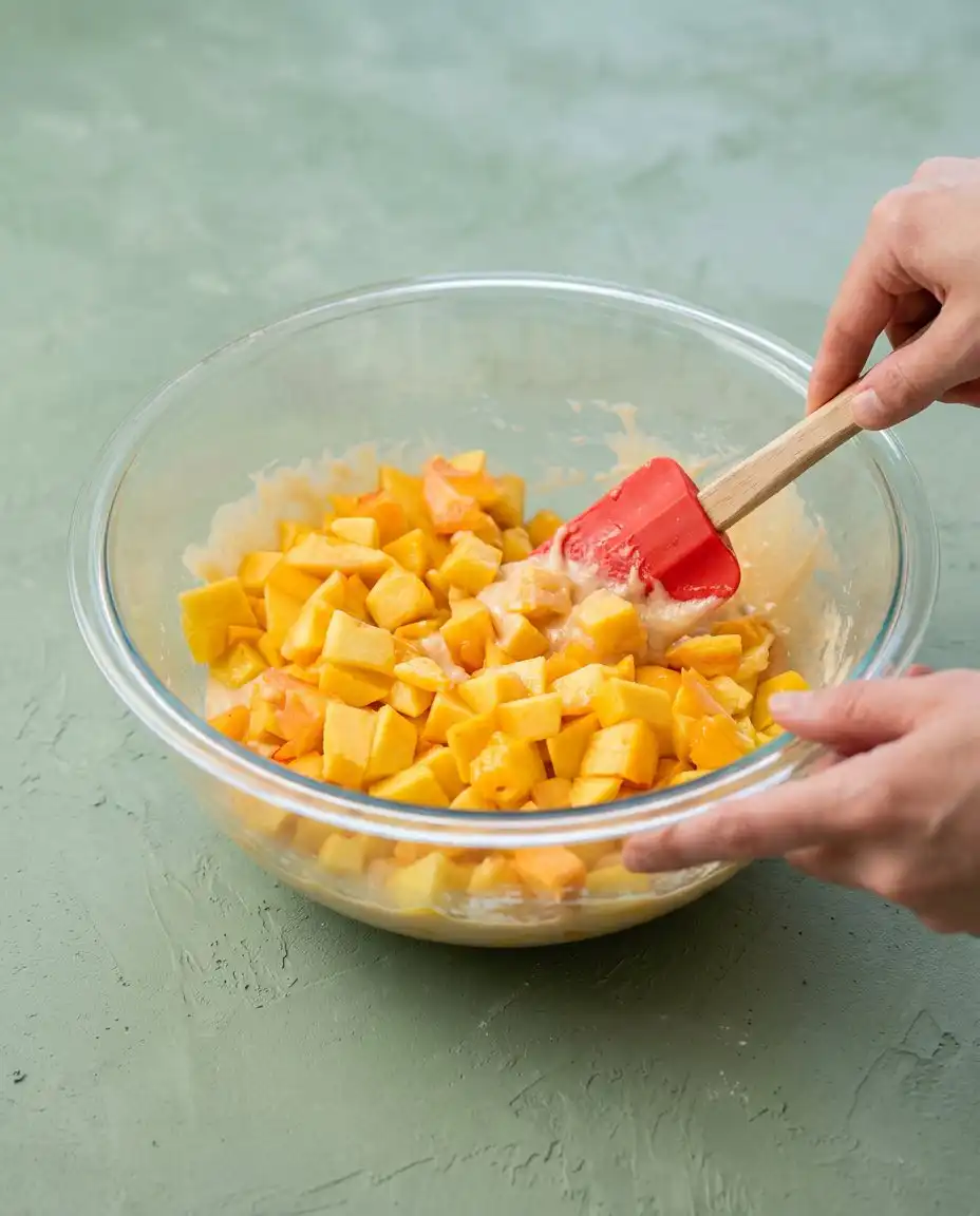 Peach Cake with Brown Sugar Frosting 14 Slices of fresh peaches next to a bowl of batter for Peach Cake with Brown Sugar Frosting.