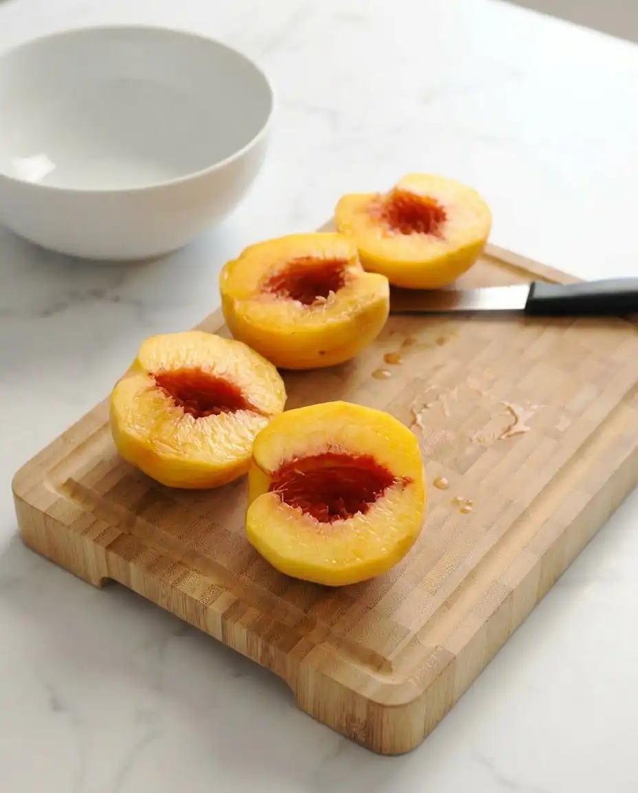 Gathering fresh peaches and baking staples for a No Bake Caramel Peach Upside Down Cake.