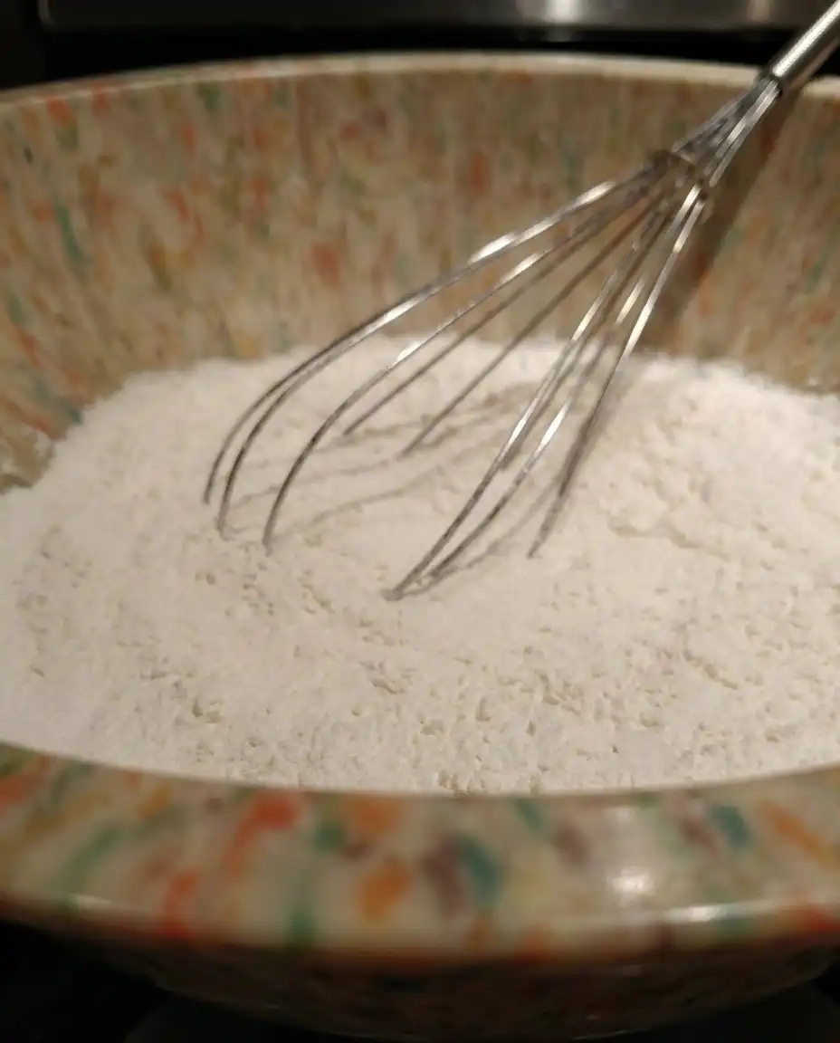 Ingredients for peach muffins including sliced peaches and a bowl of flour