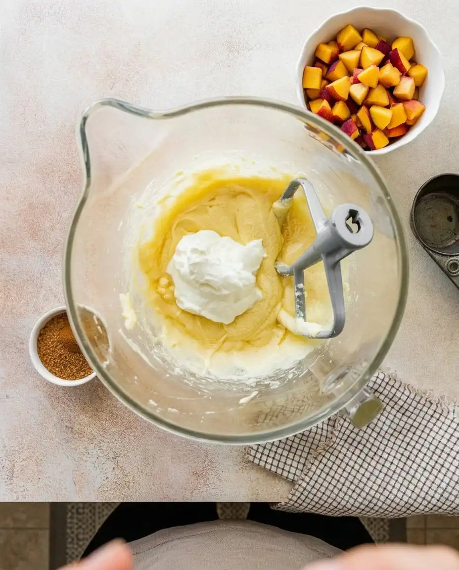 Freshly sliced yellow peaches in a glass bowl with granulated sugar