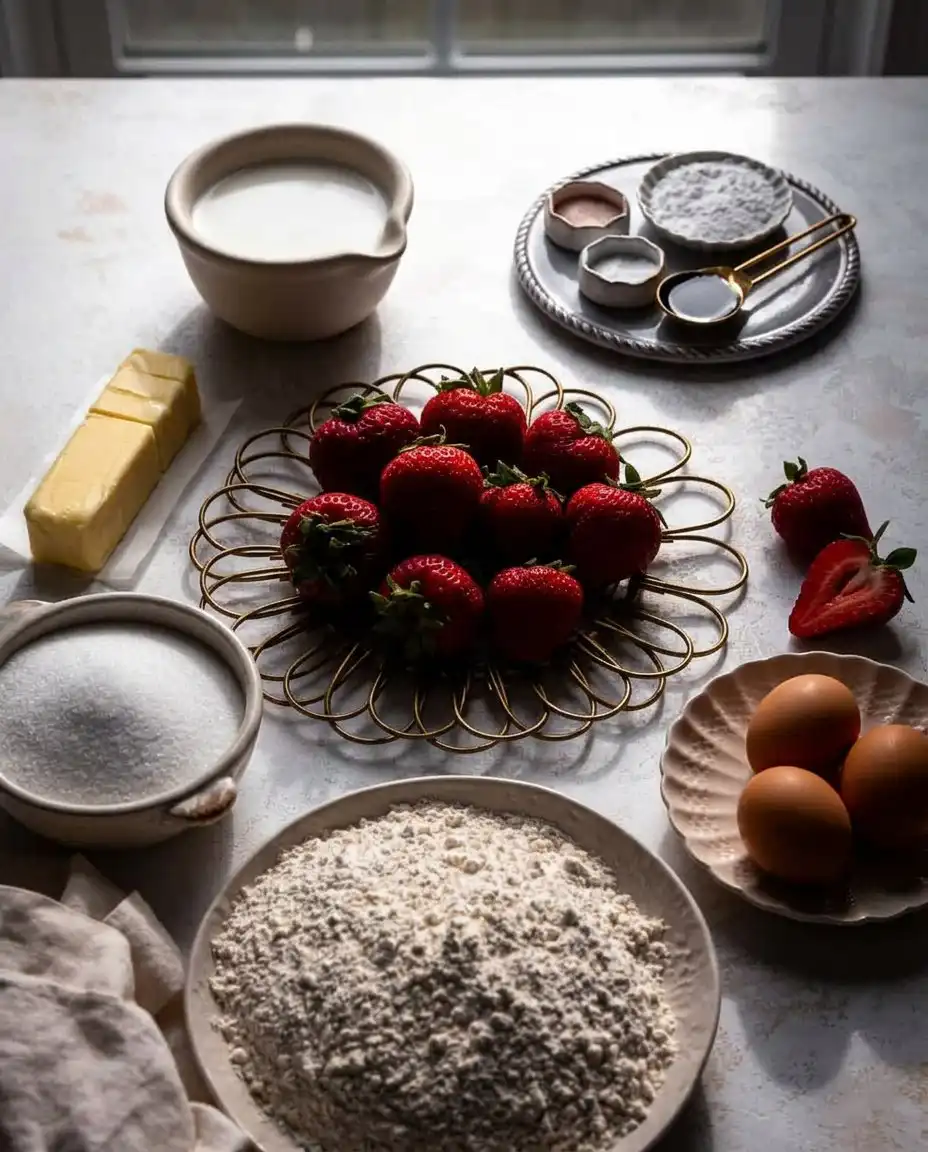 Fresh strawberries, mascarpone cheese, and butter on a wooden table