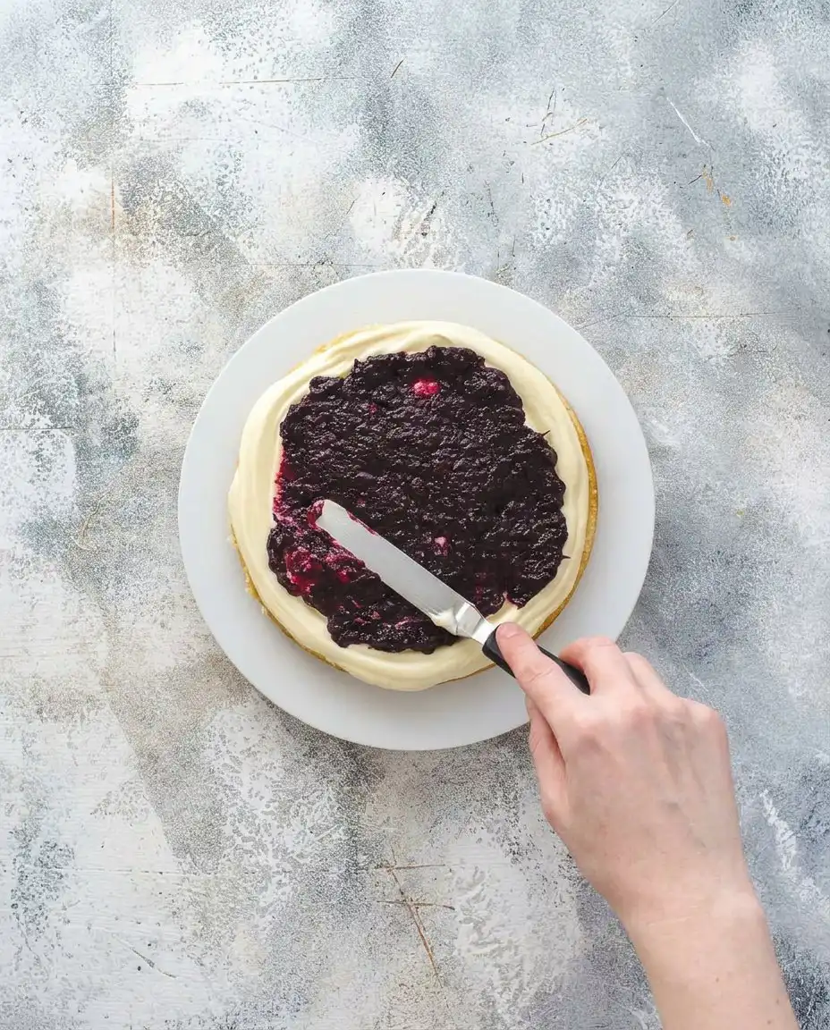 A close up of hands frosting a lemon cake with a silver offset spatula