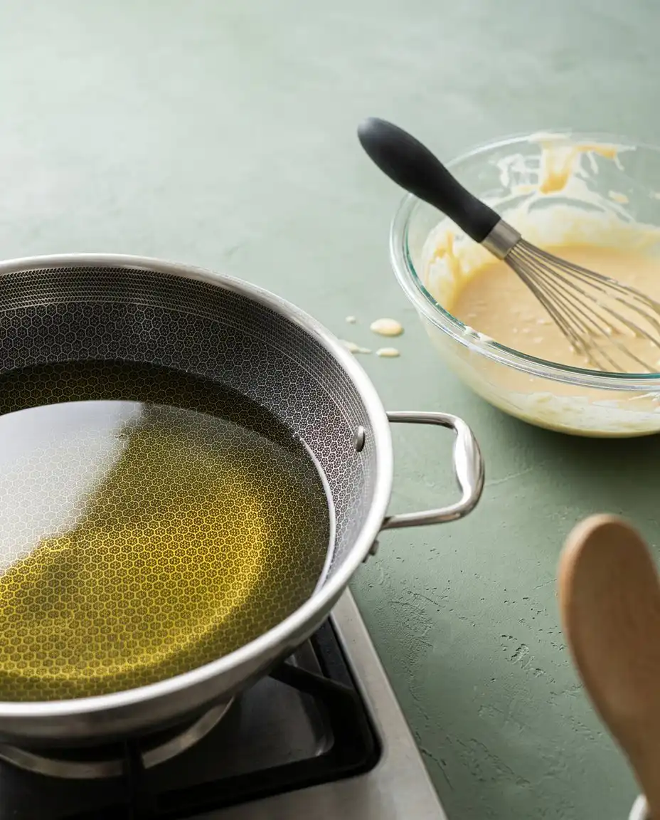 A Classic Carnival Funnel Cake frying in a cast iron skillet until golden brown.