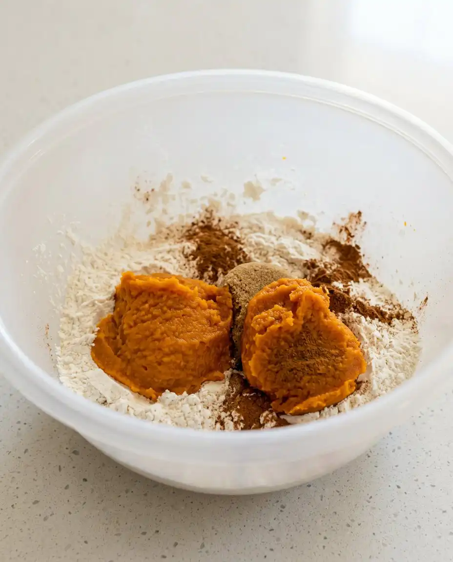 Pouring Pumpkin Spice Funnel Cake batter into hot shimmering oil.
