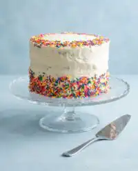 A slice of Funfetti Birthday Layer Cake showing even distribution of rainbow sprinkles.