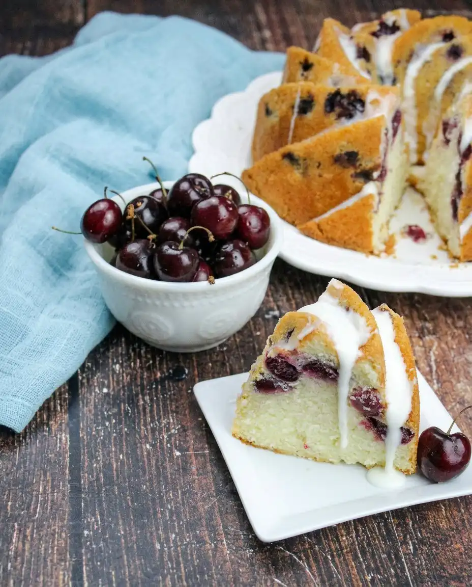 A finished Cherry Amaretto Bundt Cake with a glossy white glaze on a ceramic cake stand