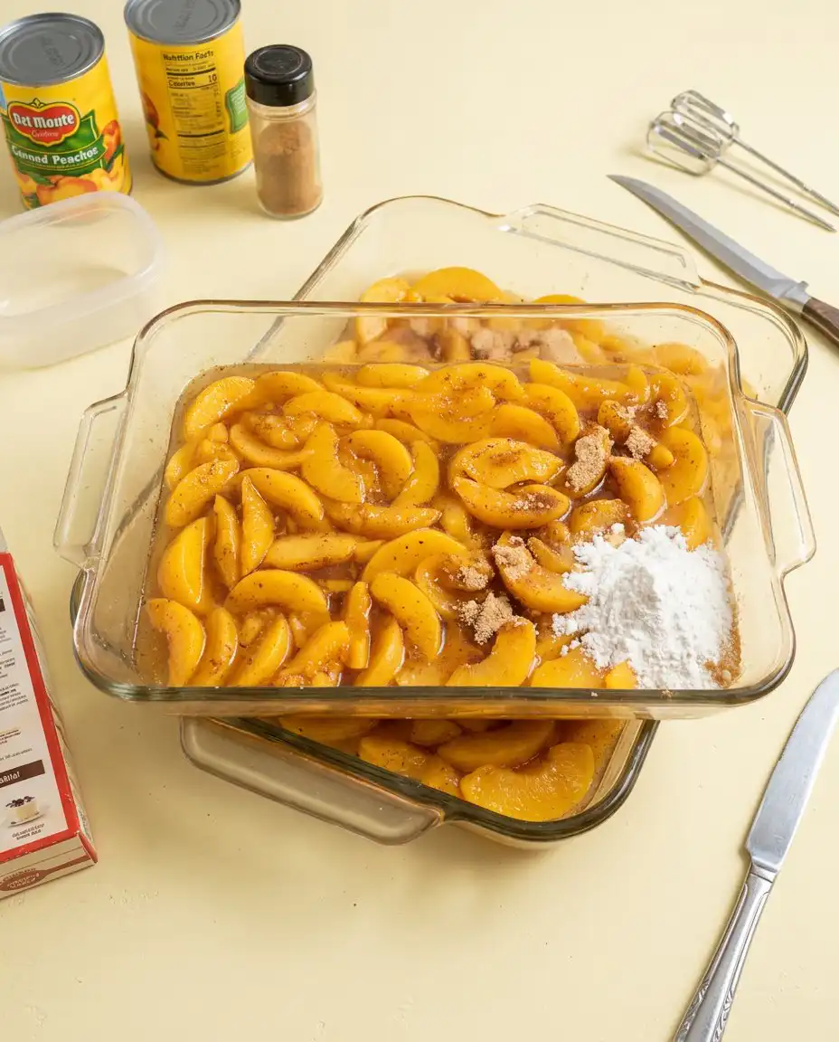 Close up view of the butter-soaked crust of a Peach Cobbler with Yellow Cake Mix.