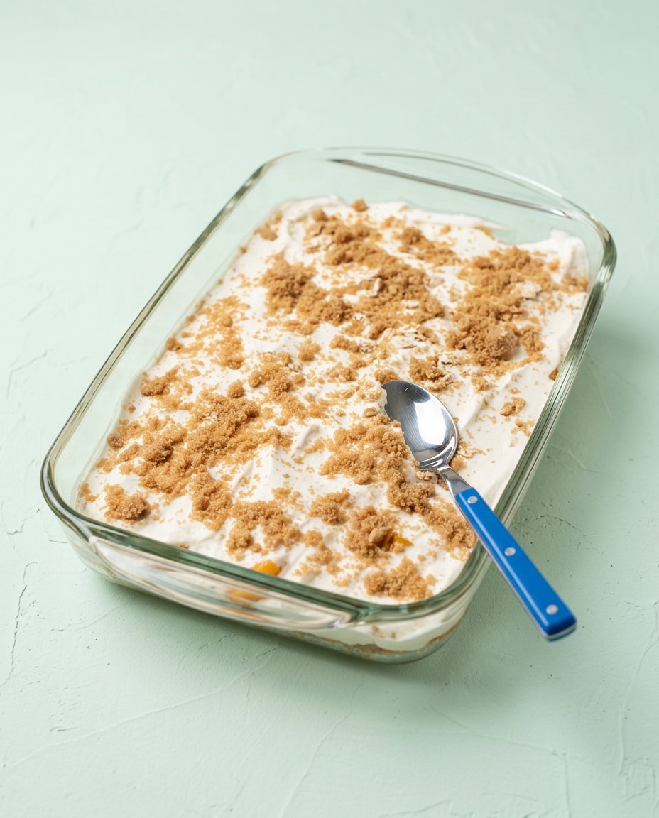 Adding butter to the Canned Peach Dump Cake with Yellow Cake Mix for a crispy topping.