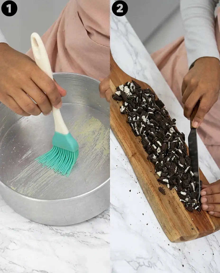 Ingredients for Oreo cake including flour, buttermilk, and cookies.