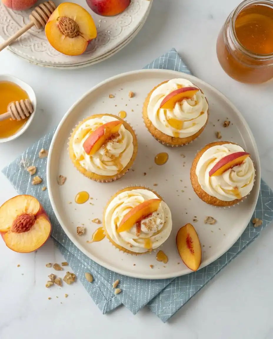 Close up of honey being drizzled over a cream cheese frosted cupcake with peaches