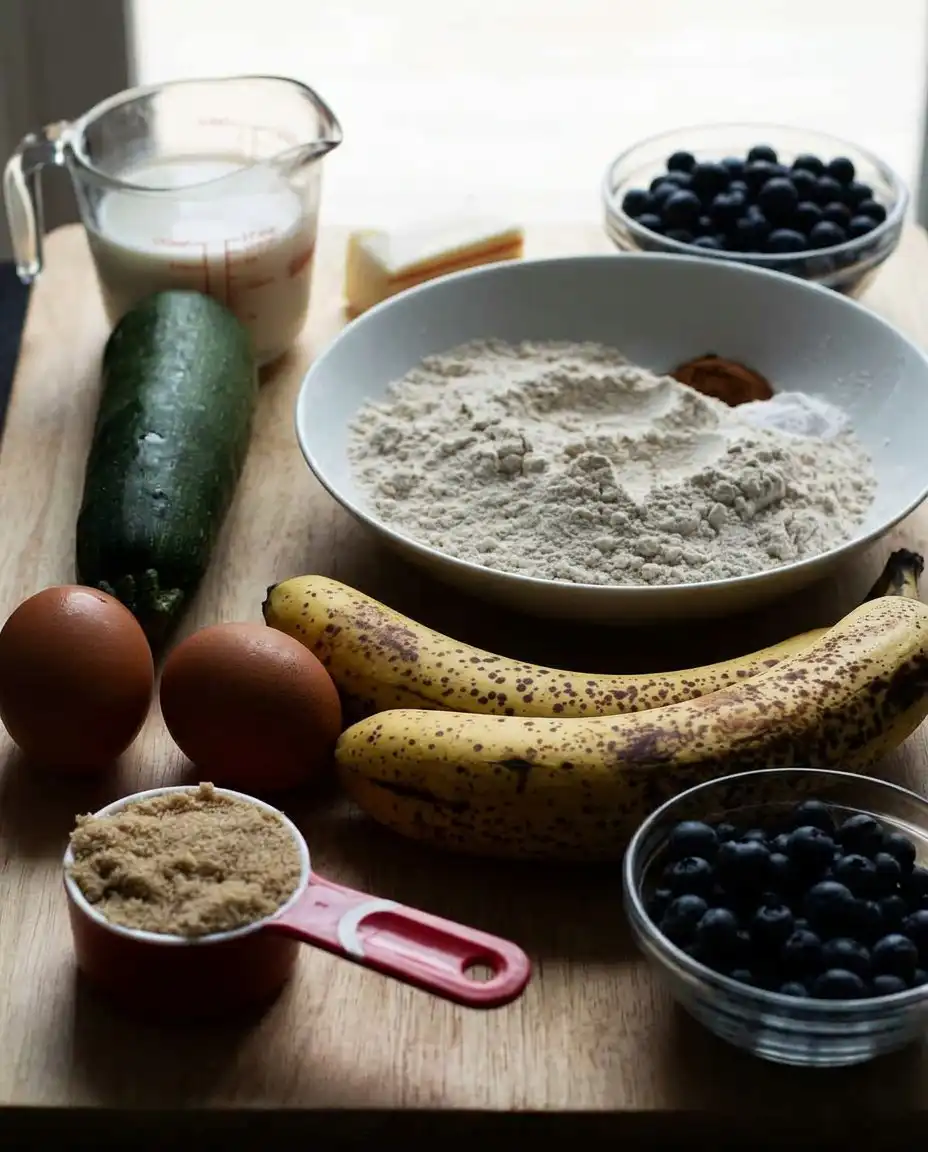 Mashed bananas shredded zucchini and flour on a counter