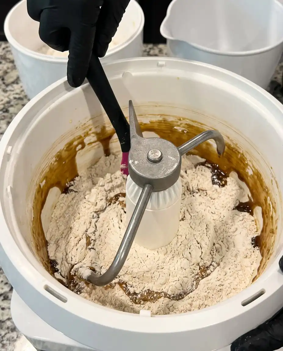 Bowls of flour, brown sugar, butter, and chocolate chips arranged on a rustic wooden table.