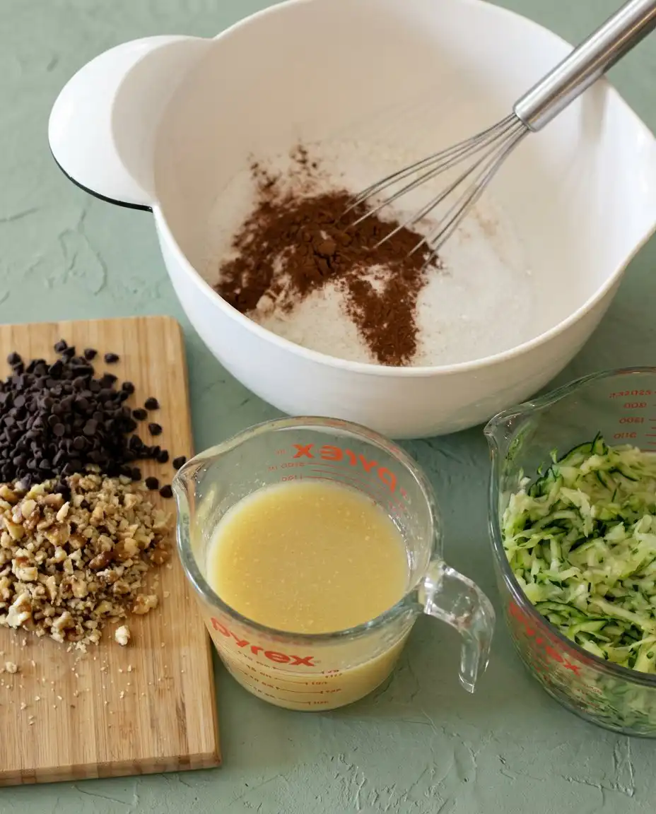 Shredded zucchini, chocolate chips, and walnuts prepared for Chocolate Chip Zucchini Muffins.