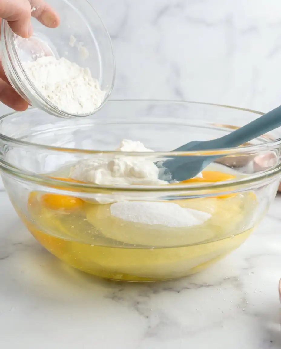 Glass bowls filled with flour sugar and sliced peaches for the fresh peach cake recipe.