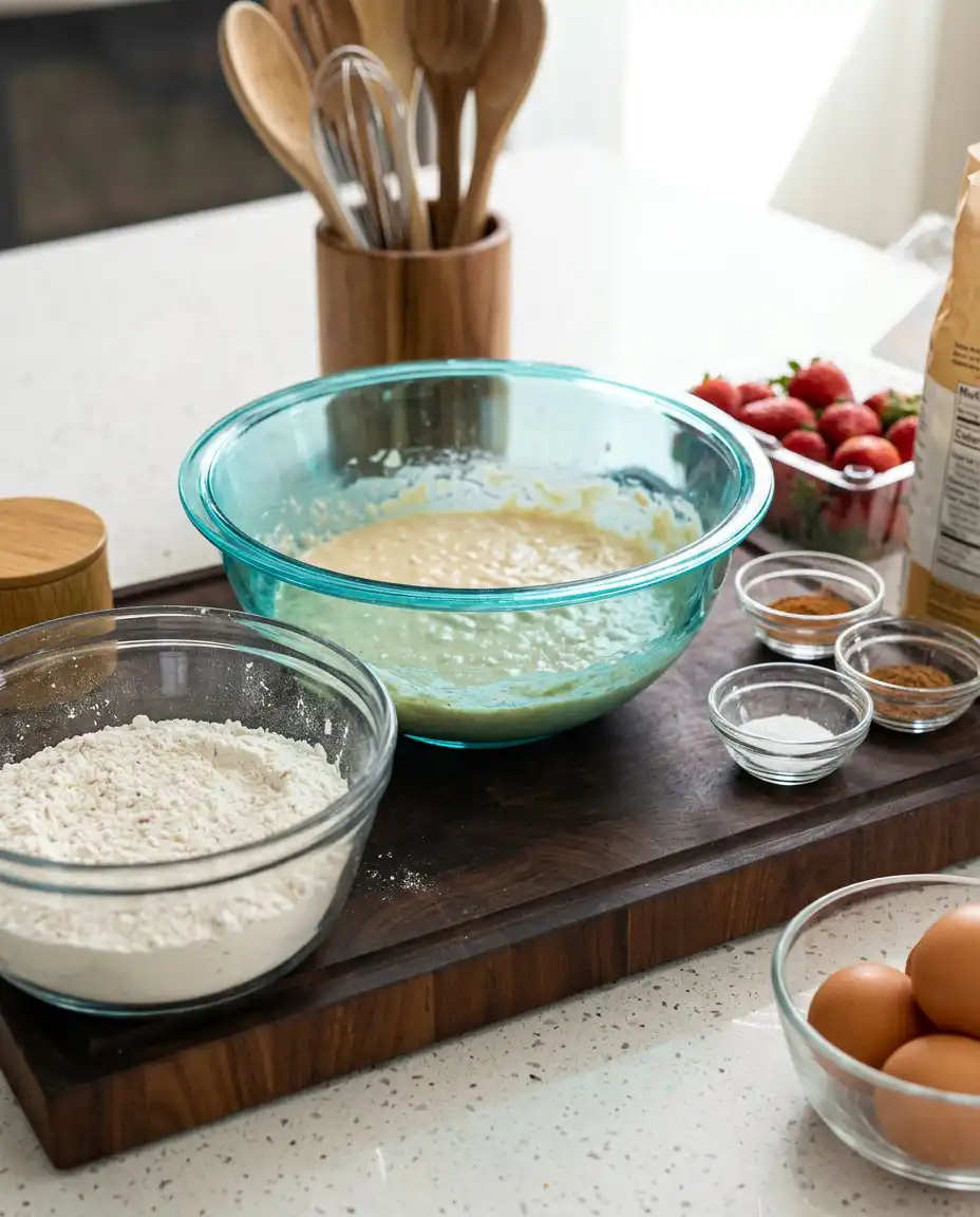 Glass bowls filled with flour and eggs for a Classic Carnival Funnel Cake recipe.