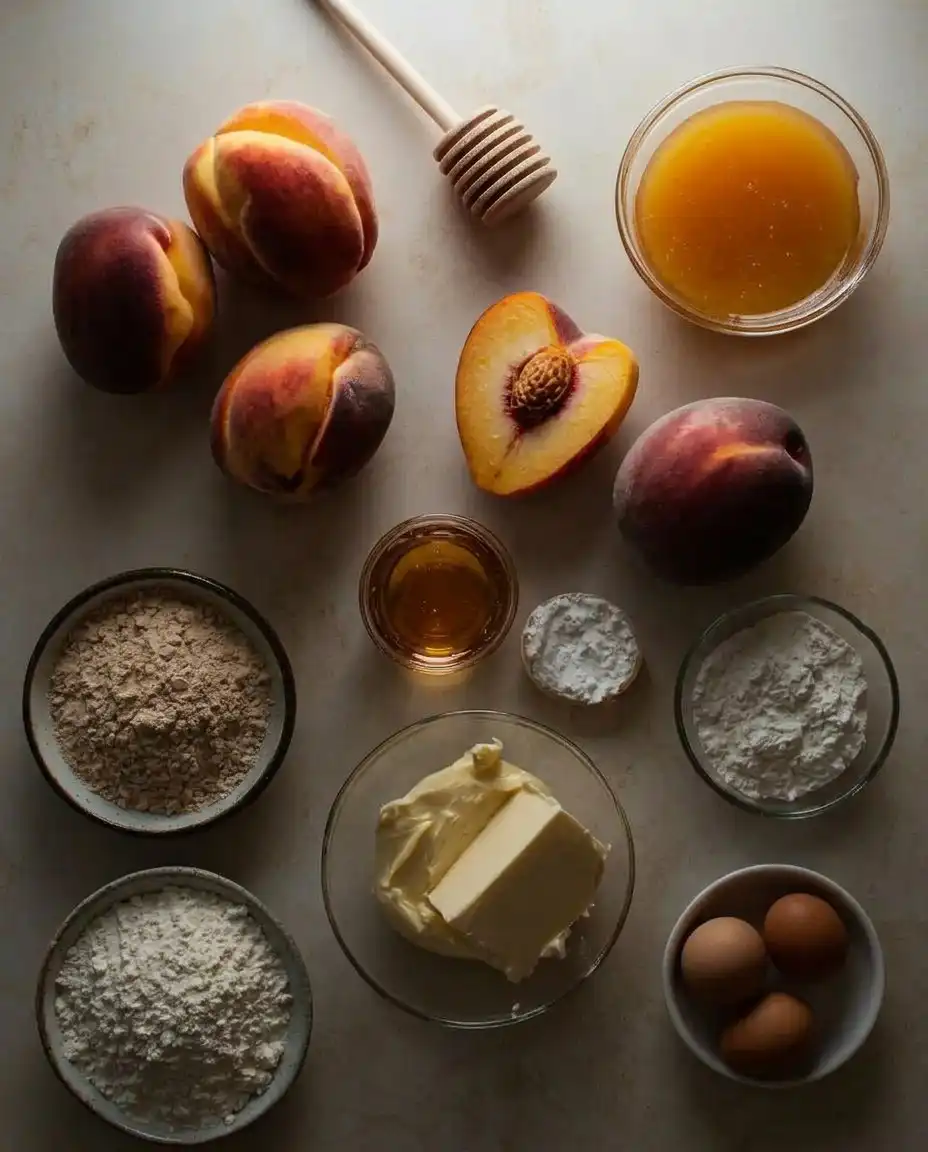 Fresh peaches, honey jar, and blocks of cream cheese on a wooden table.