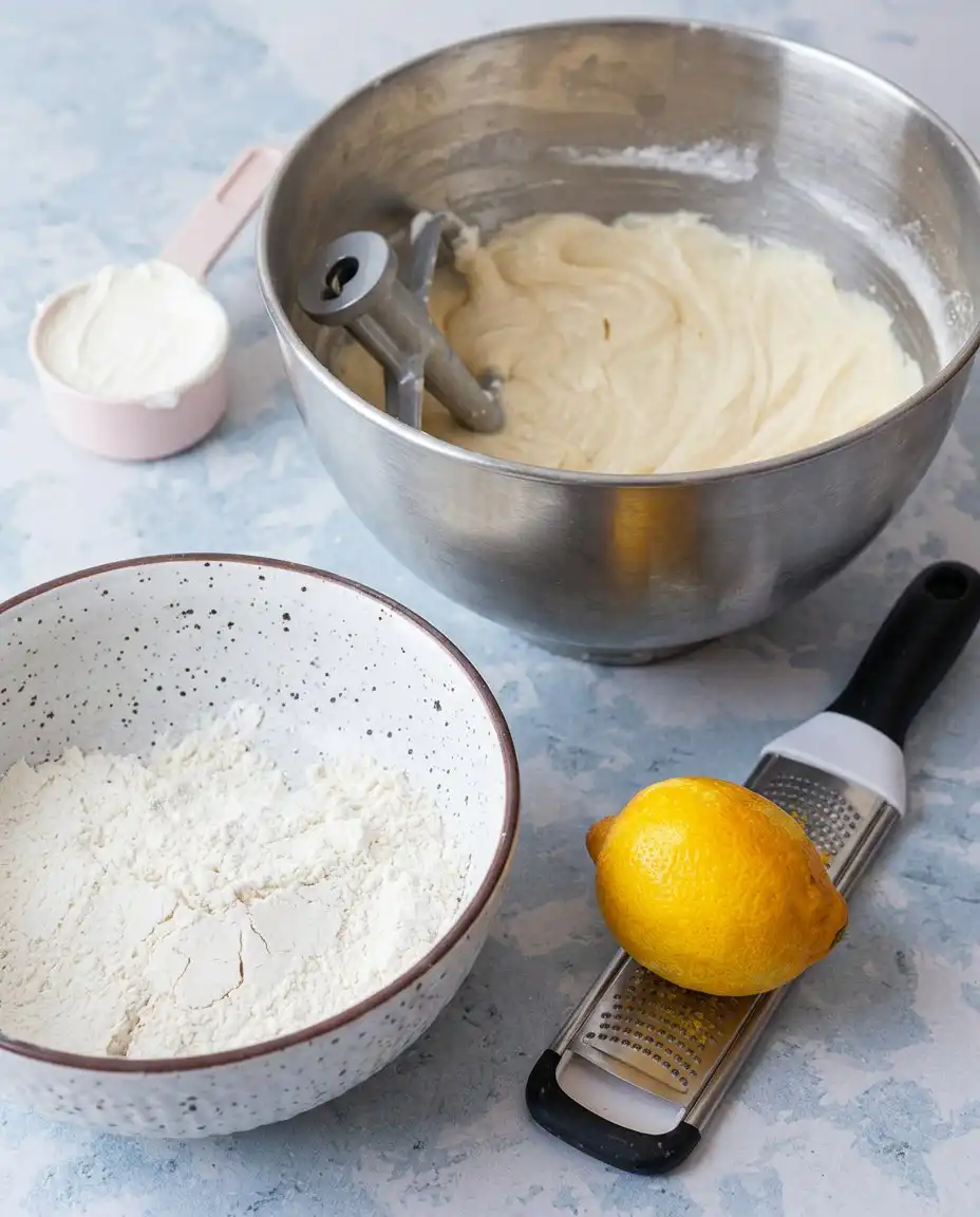 Fresh eggs, lemons, and mascarpone cheese on a wooden table