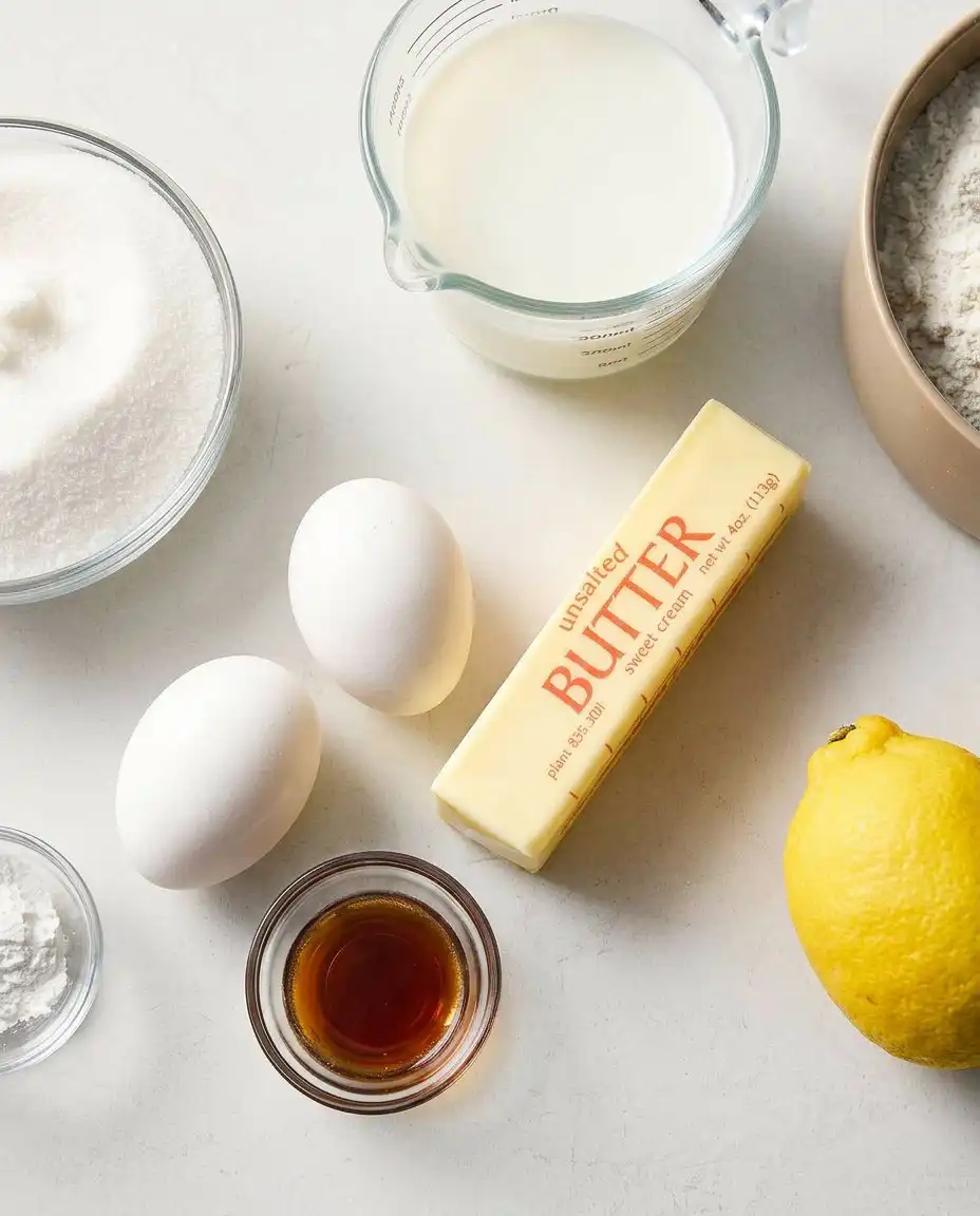 Pantry staples like flour, buttermilk, and fresh lemons arranged on a rustic wooden table.