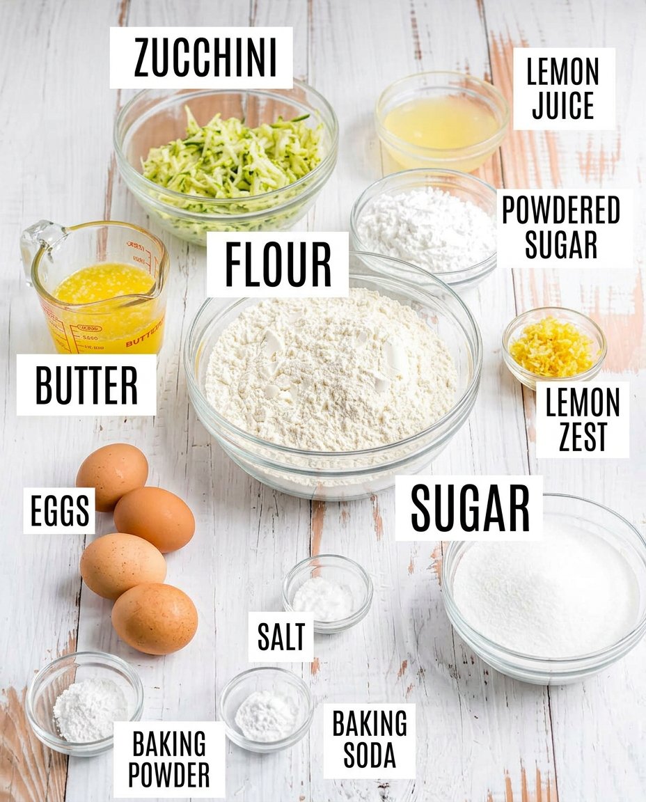 Organized ingredients for lemon zucchini bread including shredded zucchini and fresh lemons