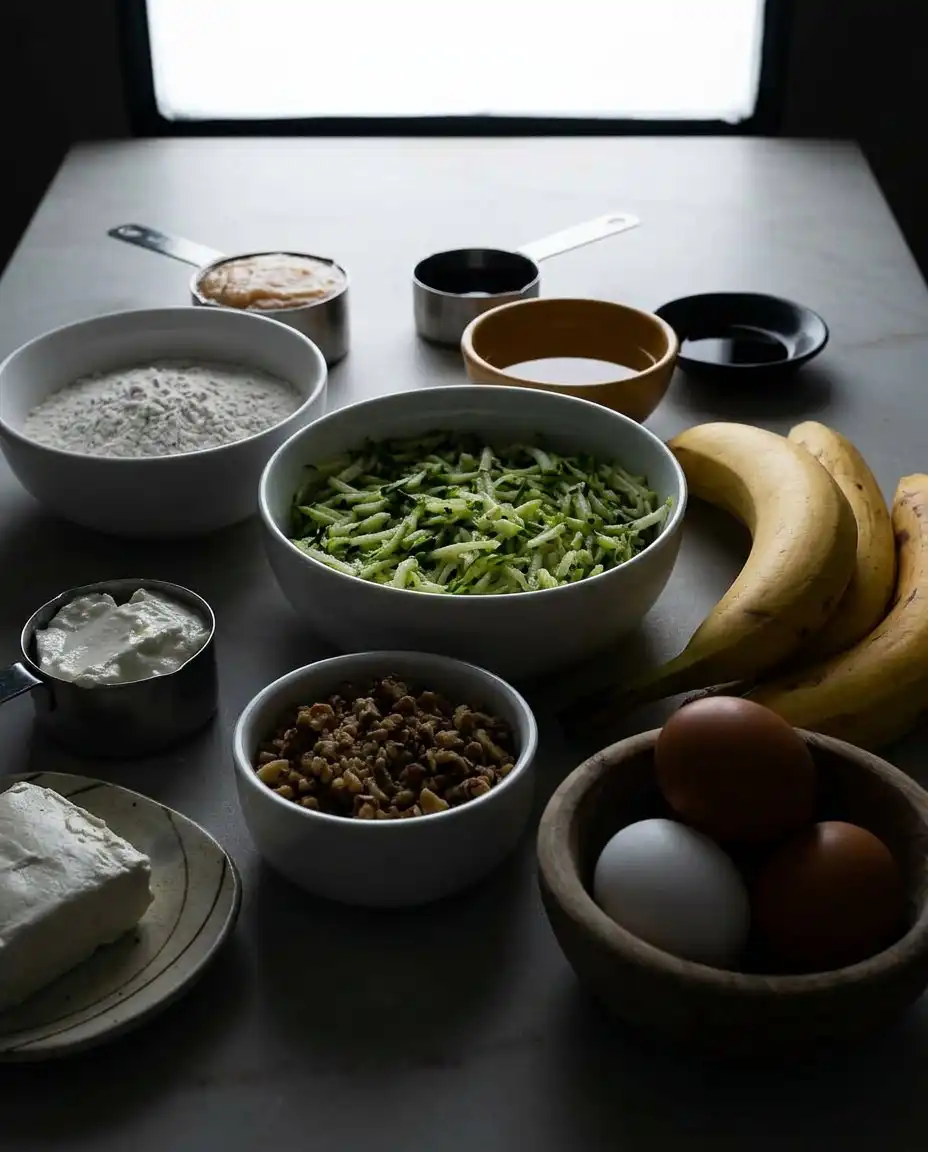 Baking ingredients for zucchini cake including ripe bananas and fresh zucchini.