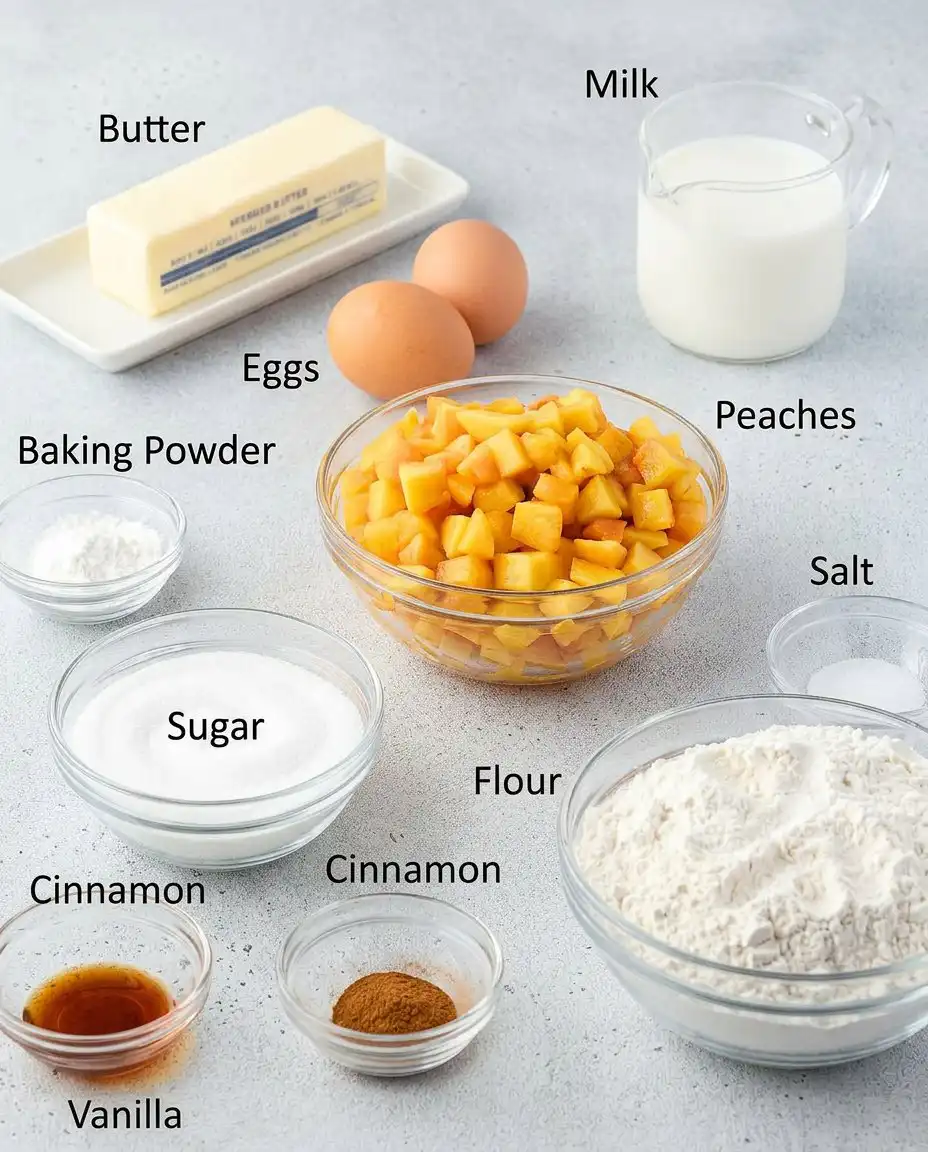 Fresh peaches, flour, butter, and cinnamon on a kitchen counter