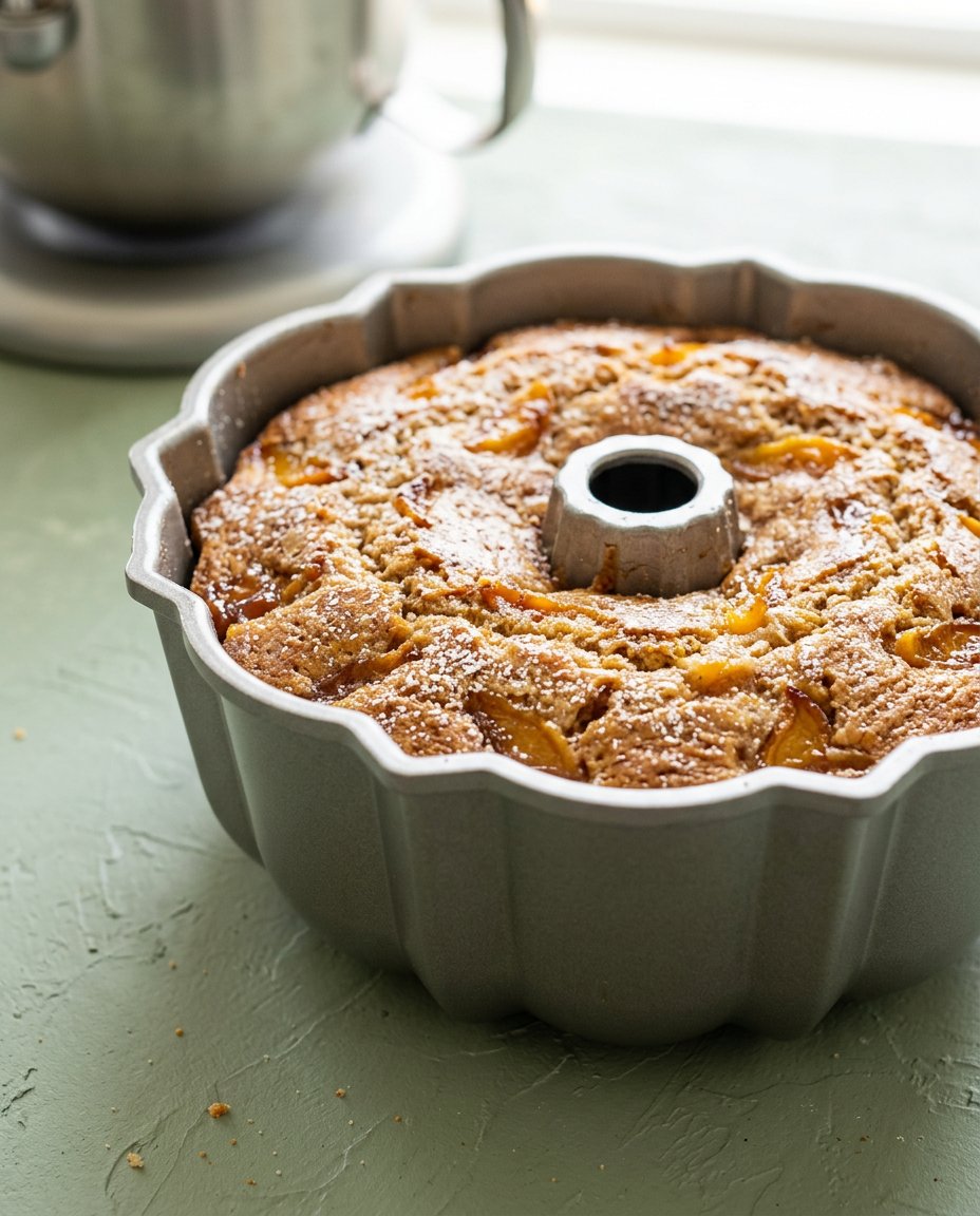 Bowls of cake flour, butter, cream cheese, and canned peaches for the pound cake recipe.